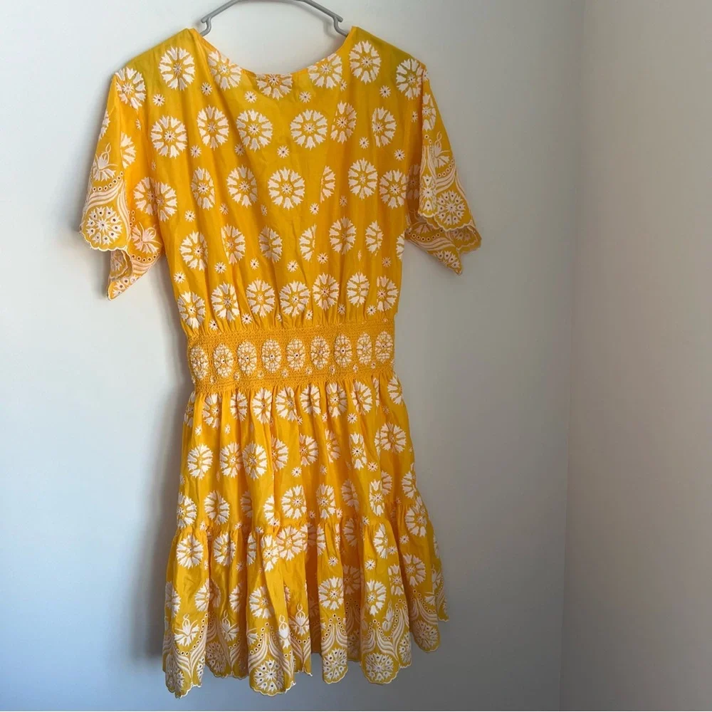 Tory Burch Embroidered Eyelet Dress in Sunlight Yellow White Women's Size 8